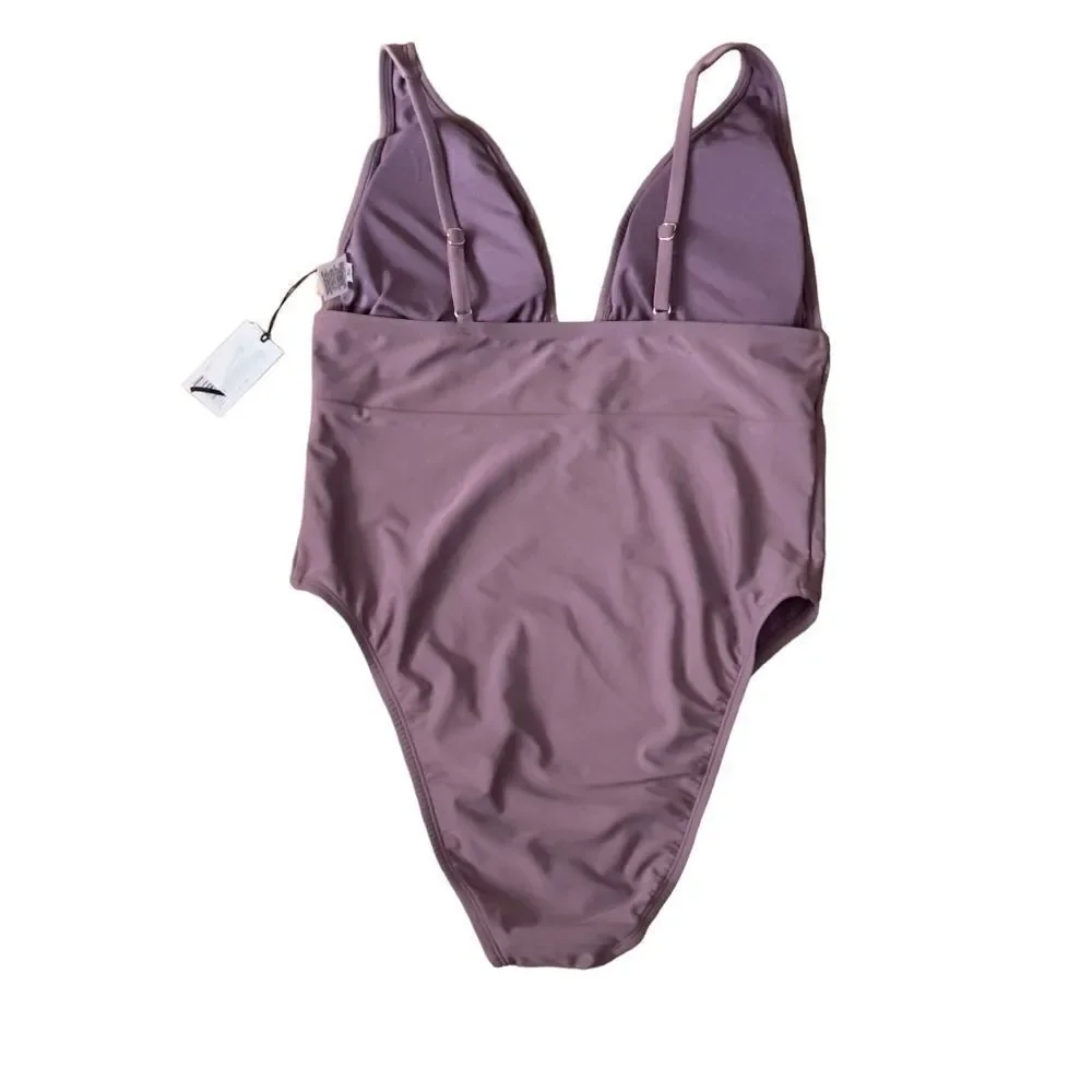 Shade & Shore Women's Torso Plunge Front Swimsuit Mauve Purple XLARGE NWT